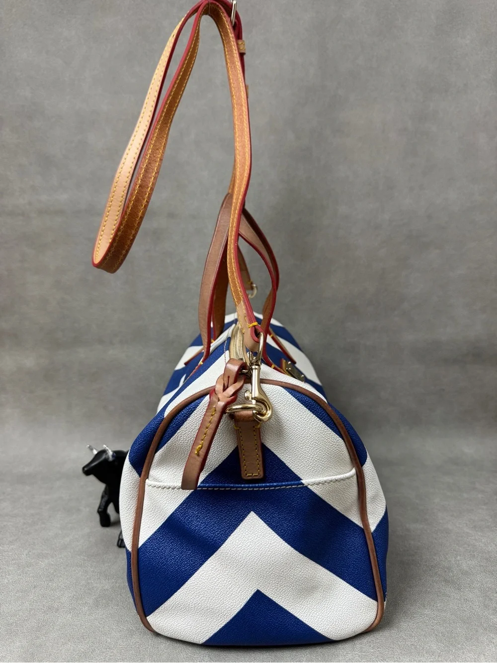 Dooney & Bourke Blue and White Chevron Duffel with Brown Leather Trim